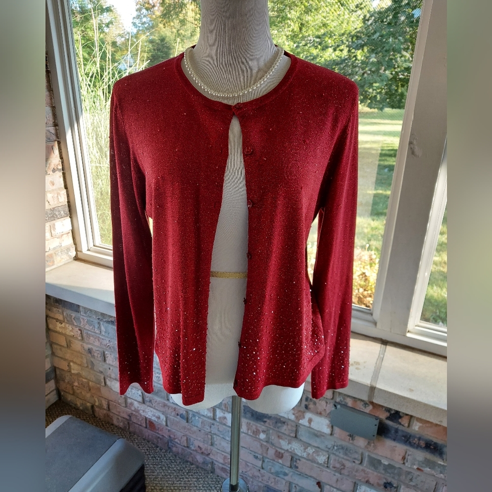 Y2K Emma James Silk Blend Cranberry cardigan with iridescent beading L